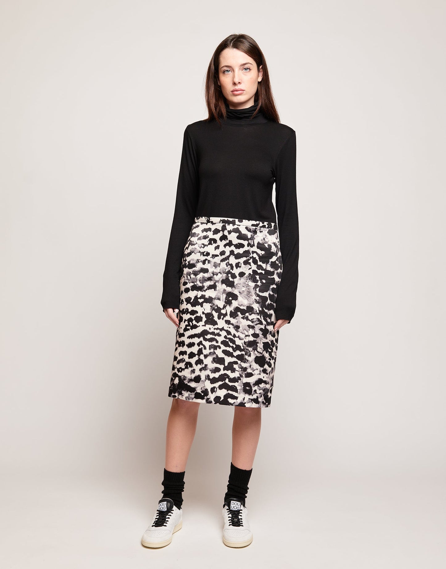 DOUUOD Gonna Longuette in Duchesse Stampata Maculata