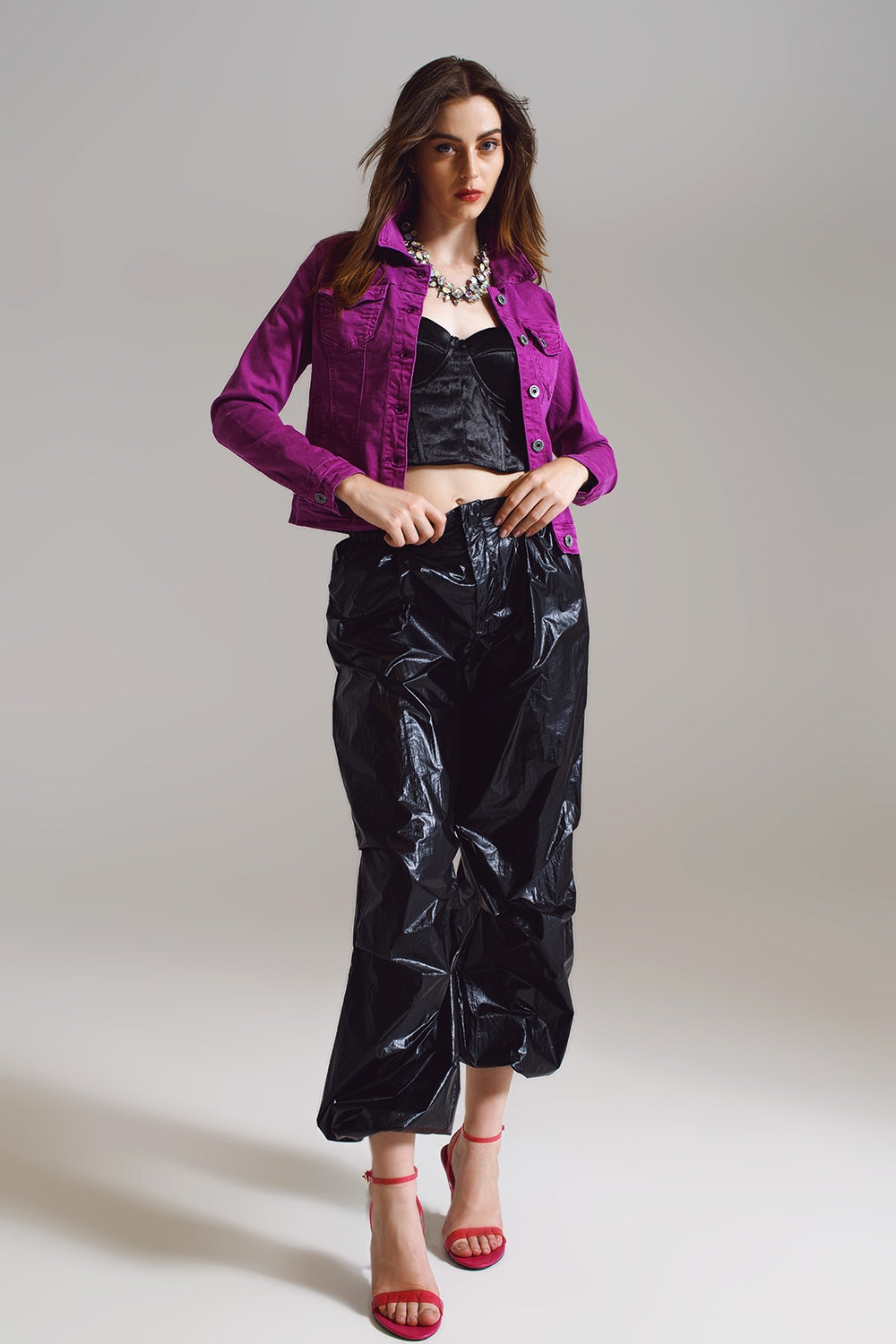 Giacca da camionista in denim slim color fucsia